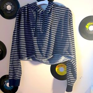 Blue, white stripe crop hoodie, gold zipper, hood.